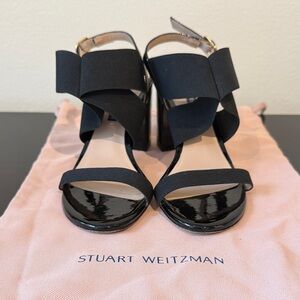 Stuart Weitzman Black Suede Bow & Patent Block Heel Sandals